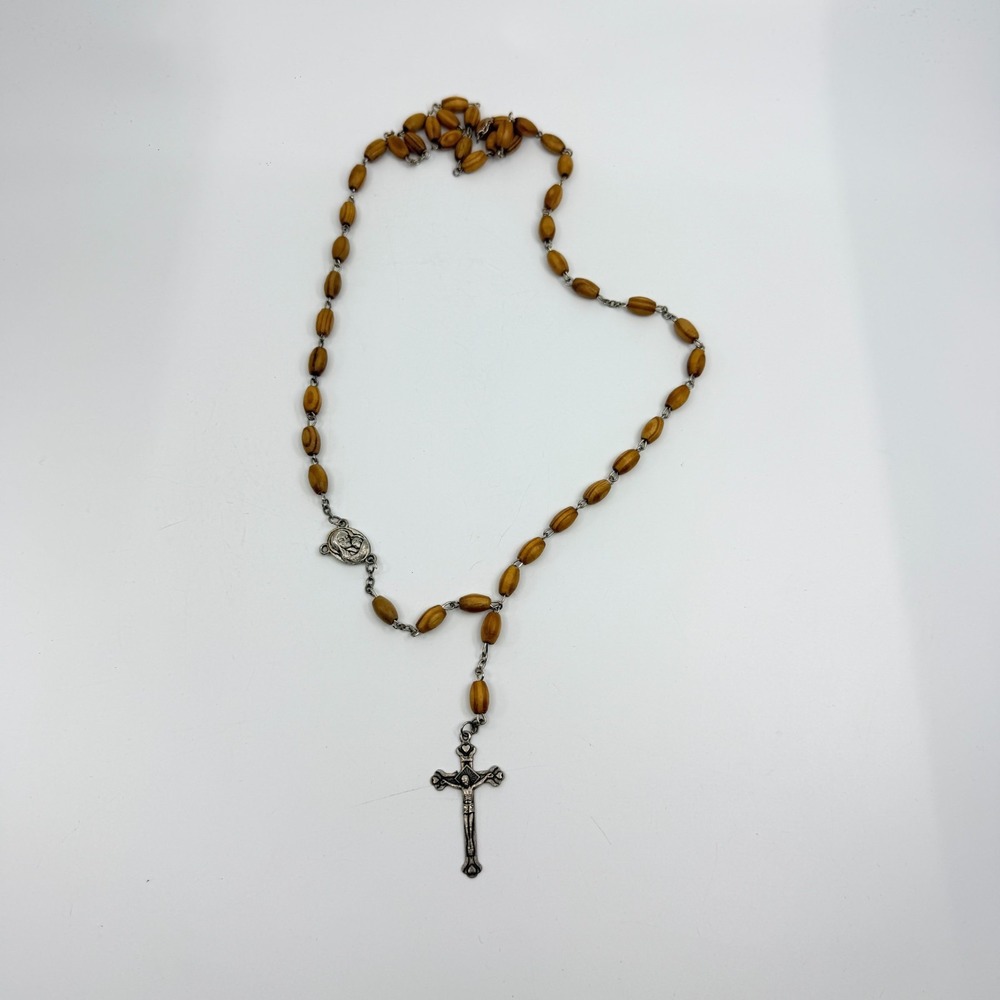 Y2K Wood Bead Rosary‎ Necklace Silver Tone Crucifix Statement Boho Layering Gift